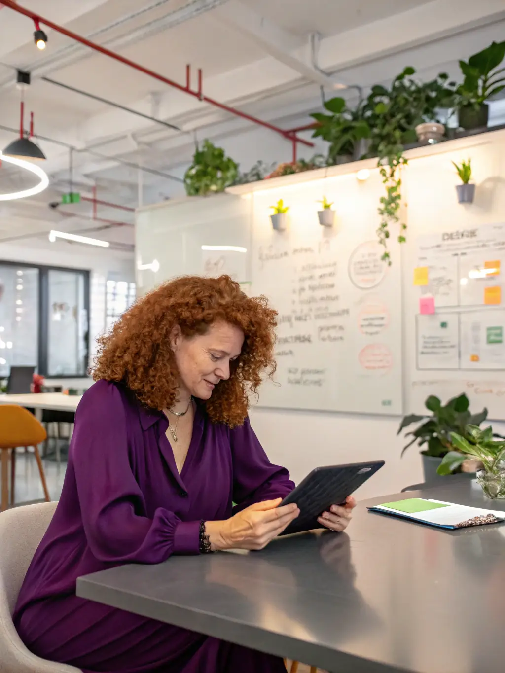 A wedding venue owner is discussing marketing strategies with a coach, using a digital tablet to review analytics. The setting is a stylish co-working space, fostering creativity and innovation.