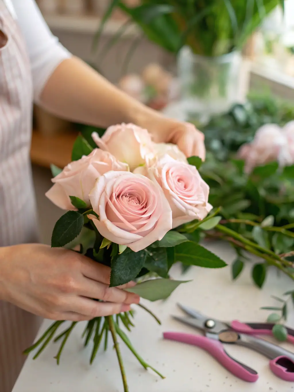 A wedding florist is designing a floral arrangement, receiving feedback from a coach. The setting is a vibrant flower shop, filled with colorful blooms and natural light.