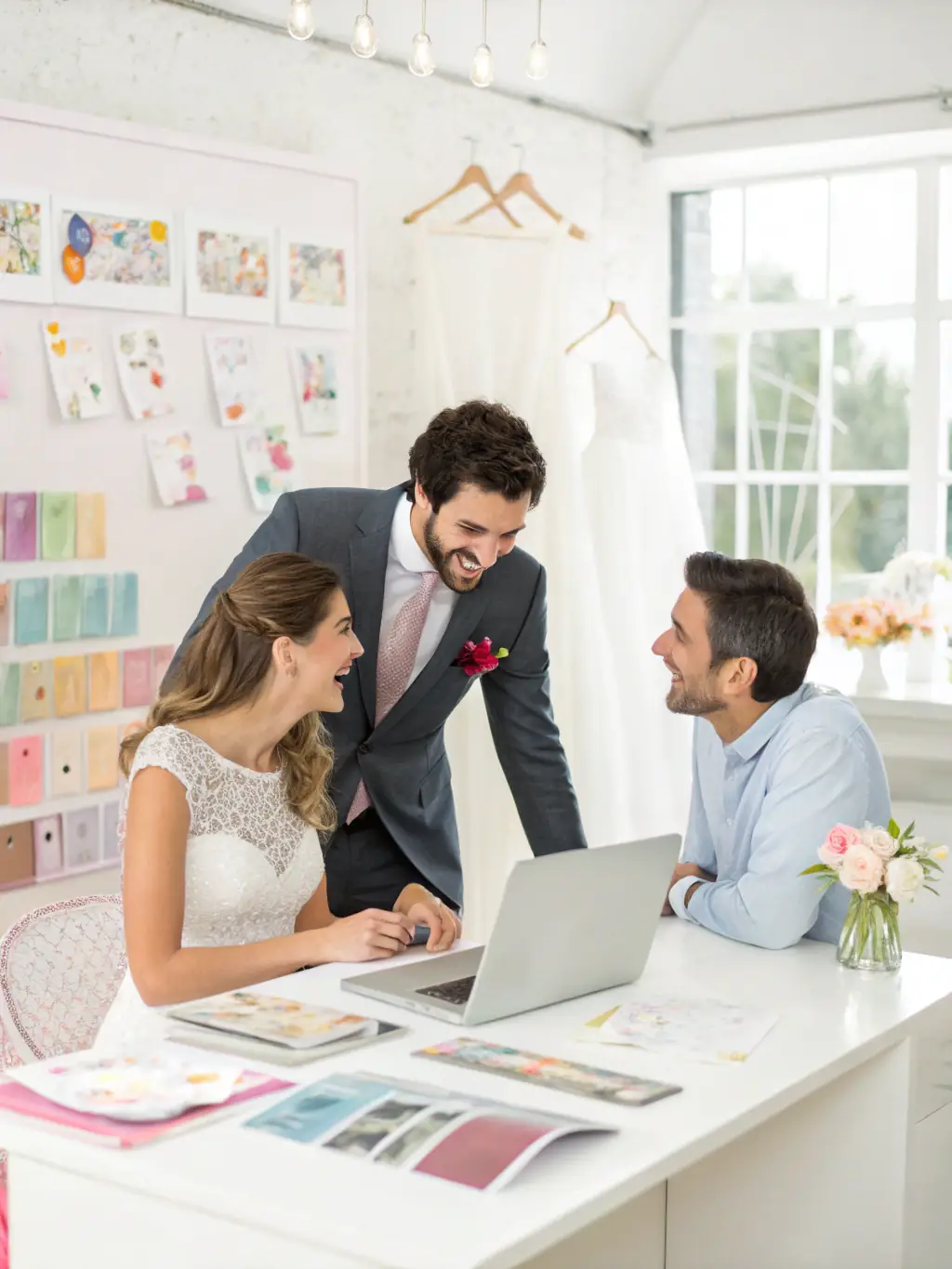 A professional wedding planner is reviewing contracts with a couple in a modern, sunlit office. The atmosphere is collaborative and focused, with soft, natural light enhancing the scene.