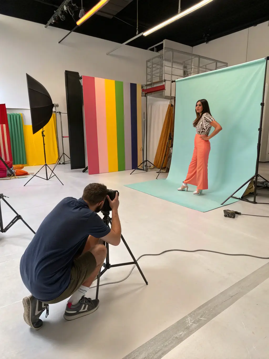 A wedding photographer is practicing posing techniques with a model, guided by a coach. The environment is a professional photography studio, equipped with lighting and backdrops.
